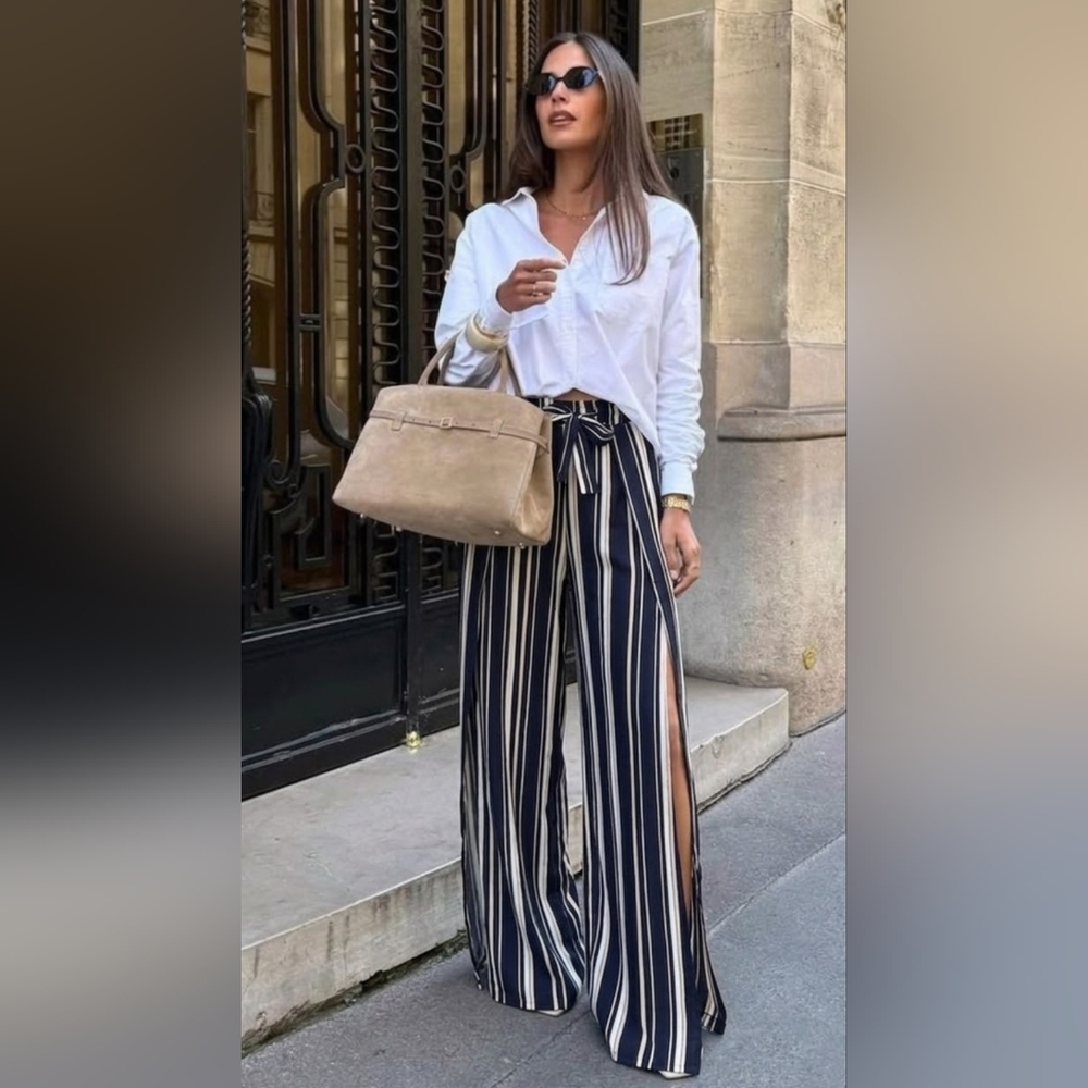 Nautical Stripe Flowy Palazzo Pants High-Waisted Wide-Leg with Side Slits Size S